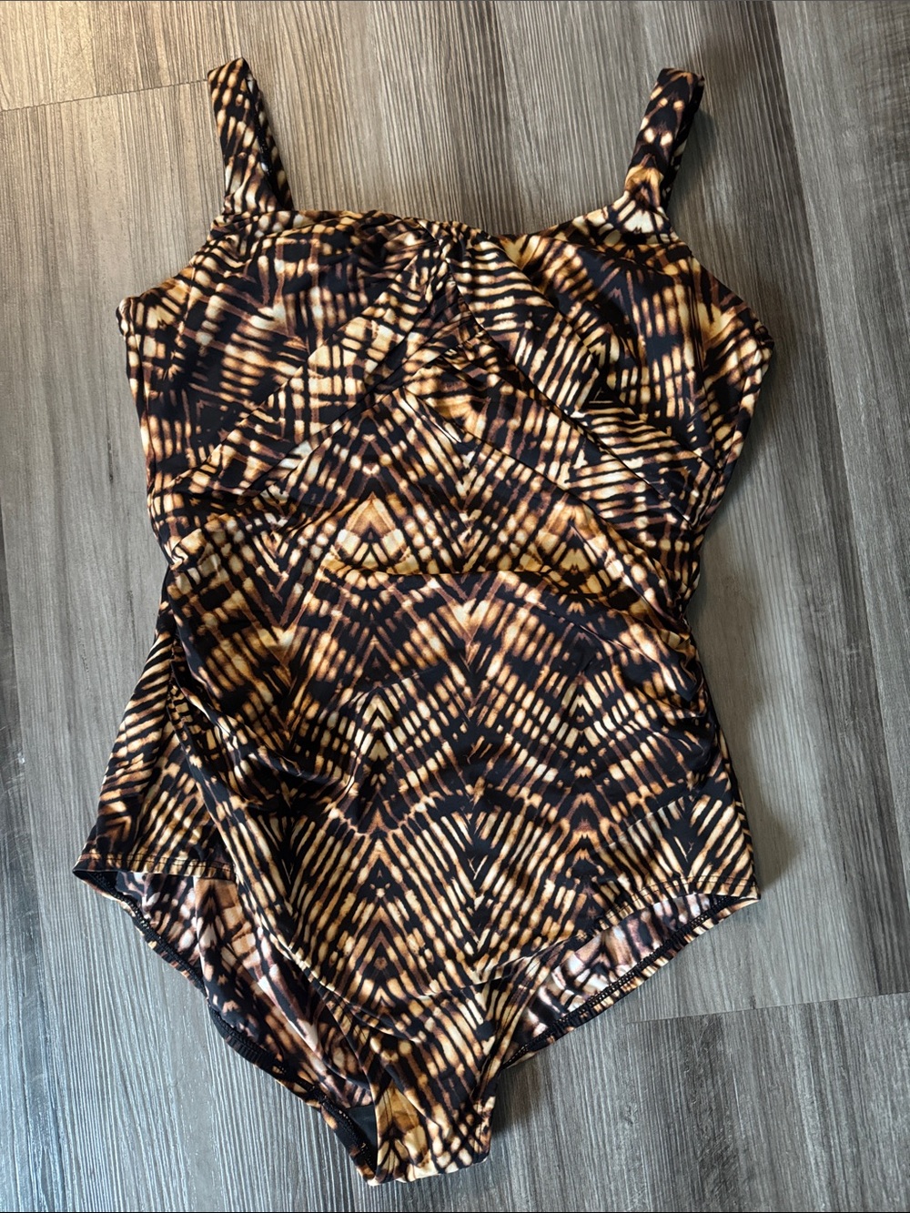 Lands' End women's one-piece swimsuit 14 D cup size brown black ruched beach